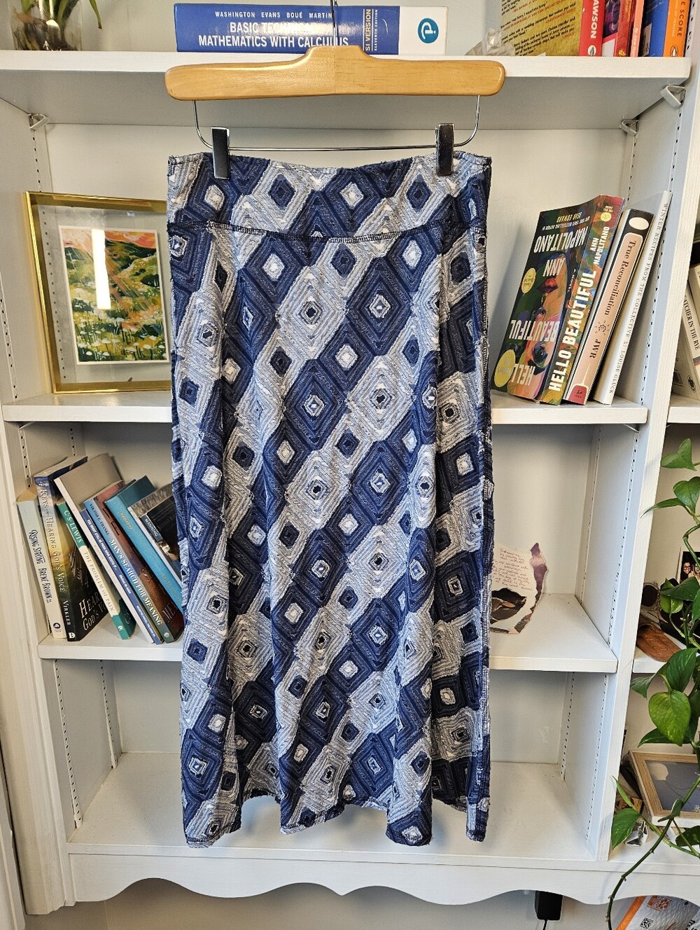 Tribal Patchwork Style Midi Skirt Blue White Distressed Medium Boho Lagenlook